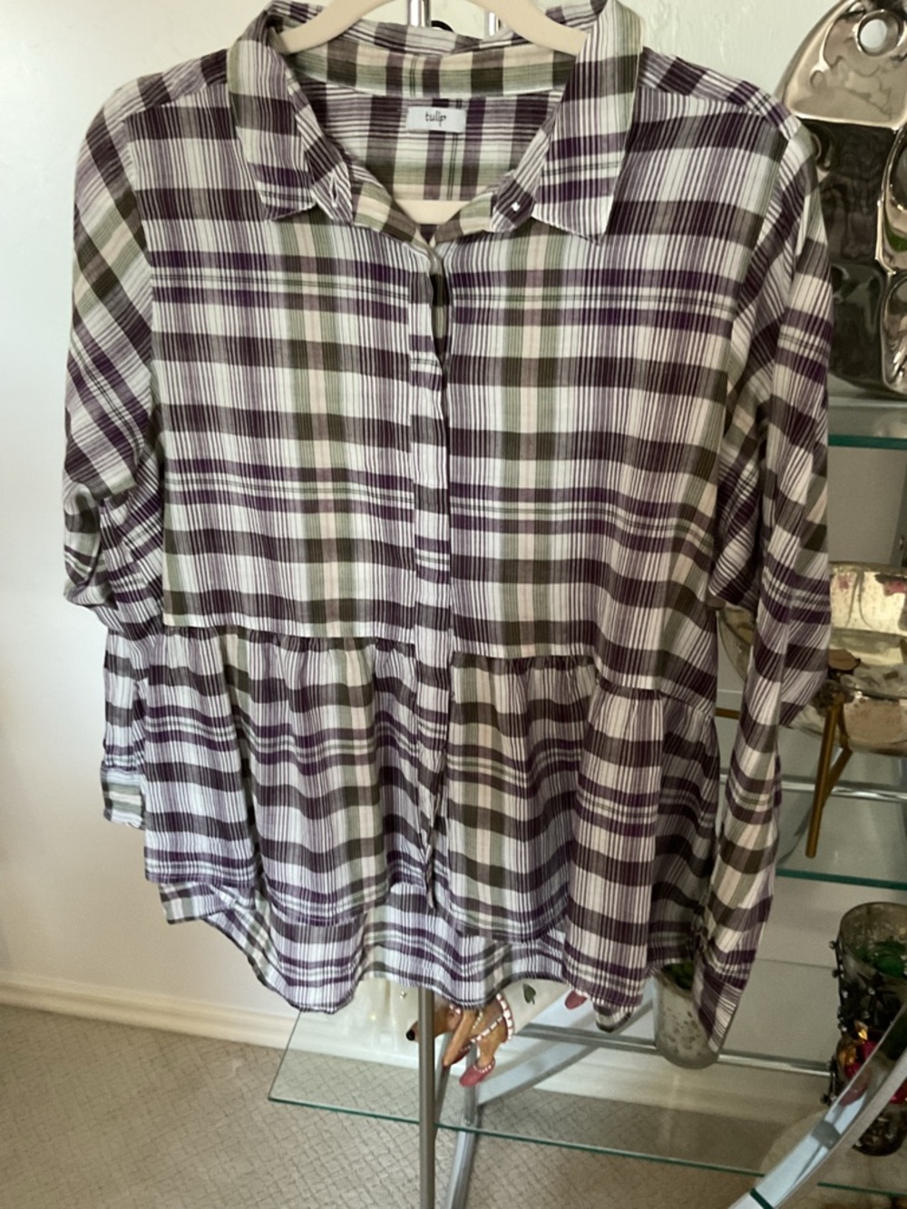 Tulip Button-Front Plaid Peplum Tunic - Purple & Olive